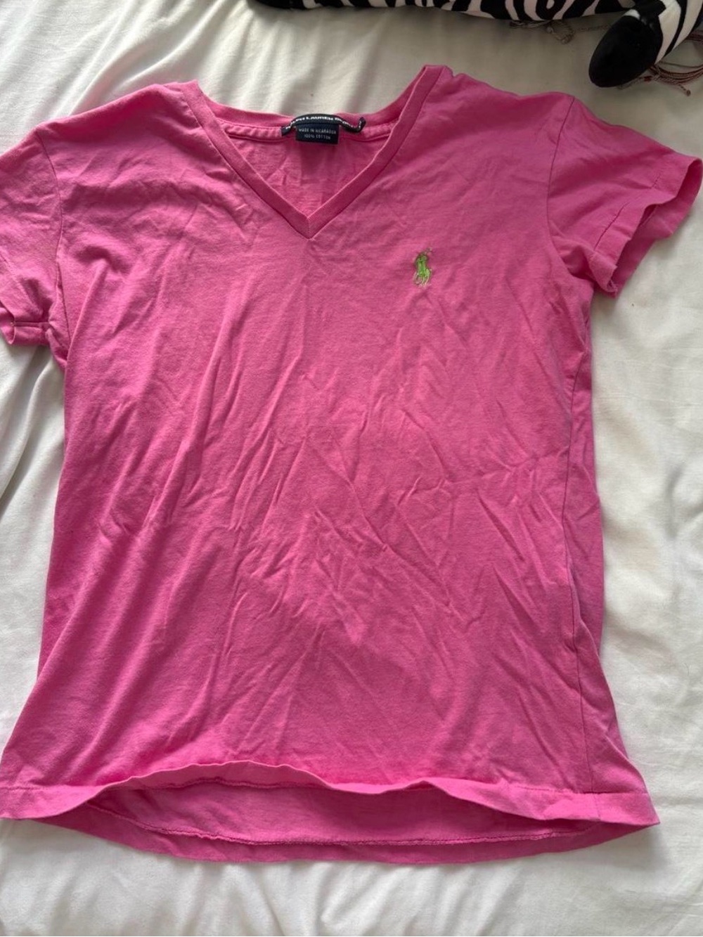 Ralph Lauren Hot Pink V-Neck Polo Tee with Green Logo